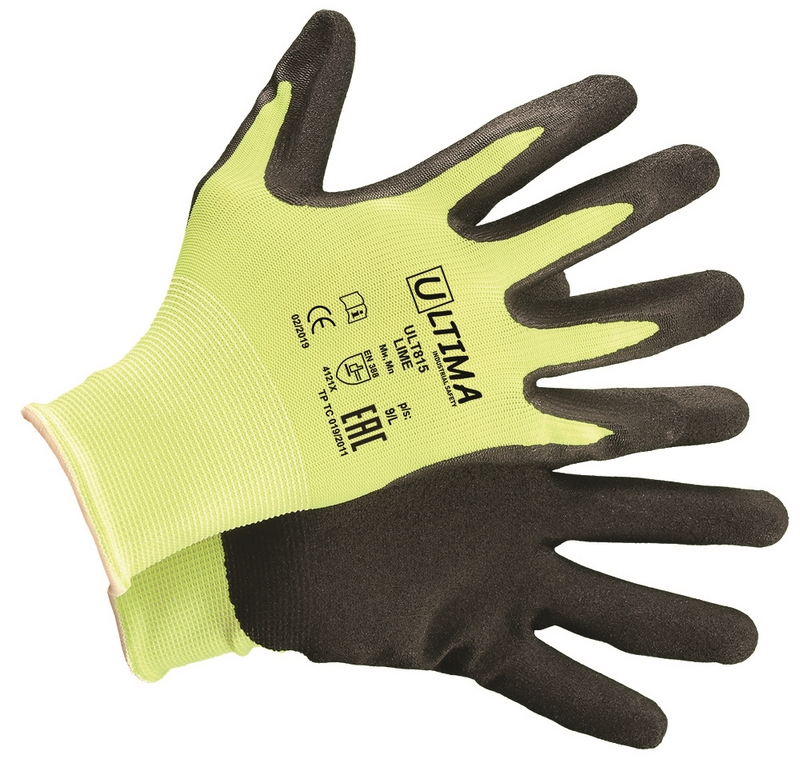Перчатки ULTIMA 815 LIME нейлоновые с зернистым нитриловым покрытием(12/144)(10/XL)