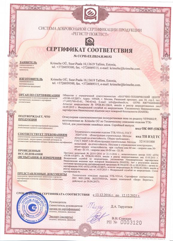 Сертификат соответствия Противопожарный сертификат для глубины 60mm